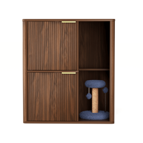 31.5-inch  Cat Litter Cabinet with Cat Tree - Grooved Concealed Litter Furniture Featuring Dual Cat Doors and Storage Shelves (Color: Walnut)