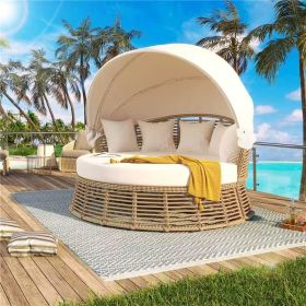 Outdoor Patio Rattan Round Daybed with Retractable Canopy, Wicker Furniture Round Poolside Sofa Sunbed with Removable Cushions, Backyard, Porch (Color: Beige)