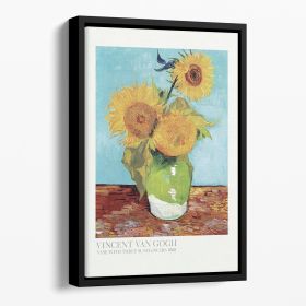 Vase With Three Sunflowers Titled Floating Framed Canvas (Color: Black, size: 36" x 24" / 90cm x 60cm approx)